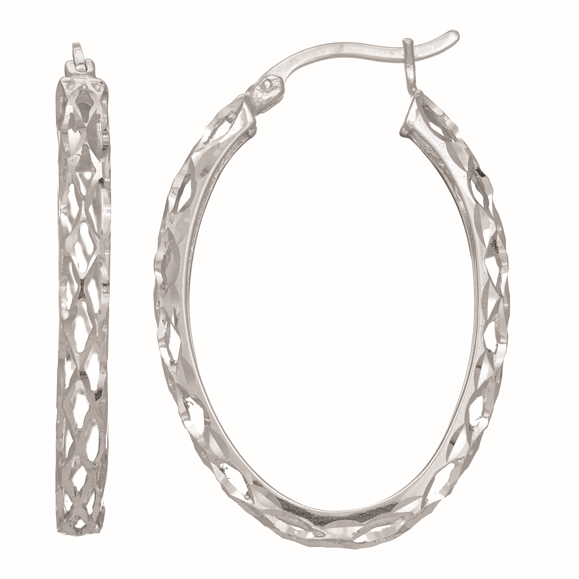 Sterling Silver Polished And Diamond Cut Oval Hoop Earrings 3 14