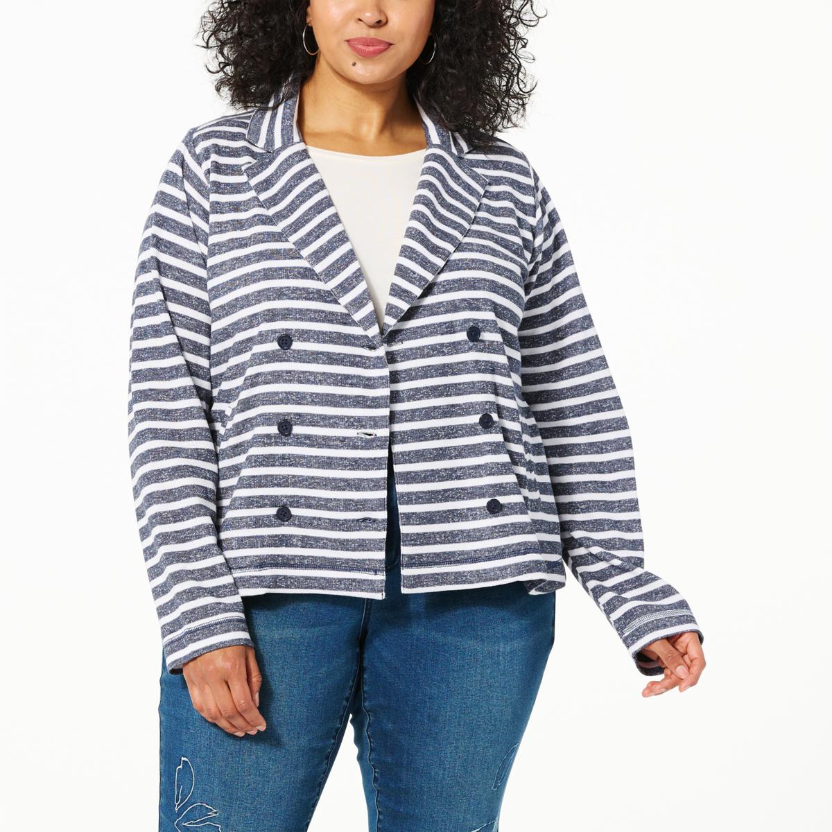 DG2 By Diane Gilman Striped French Terry Double Breasted Jacket