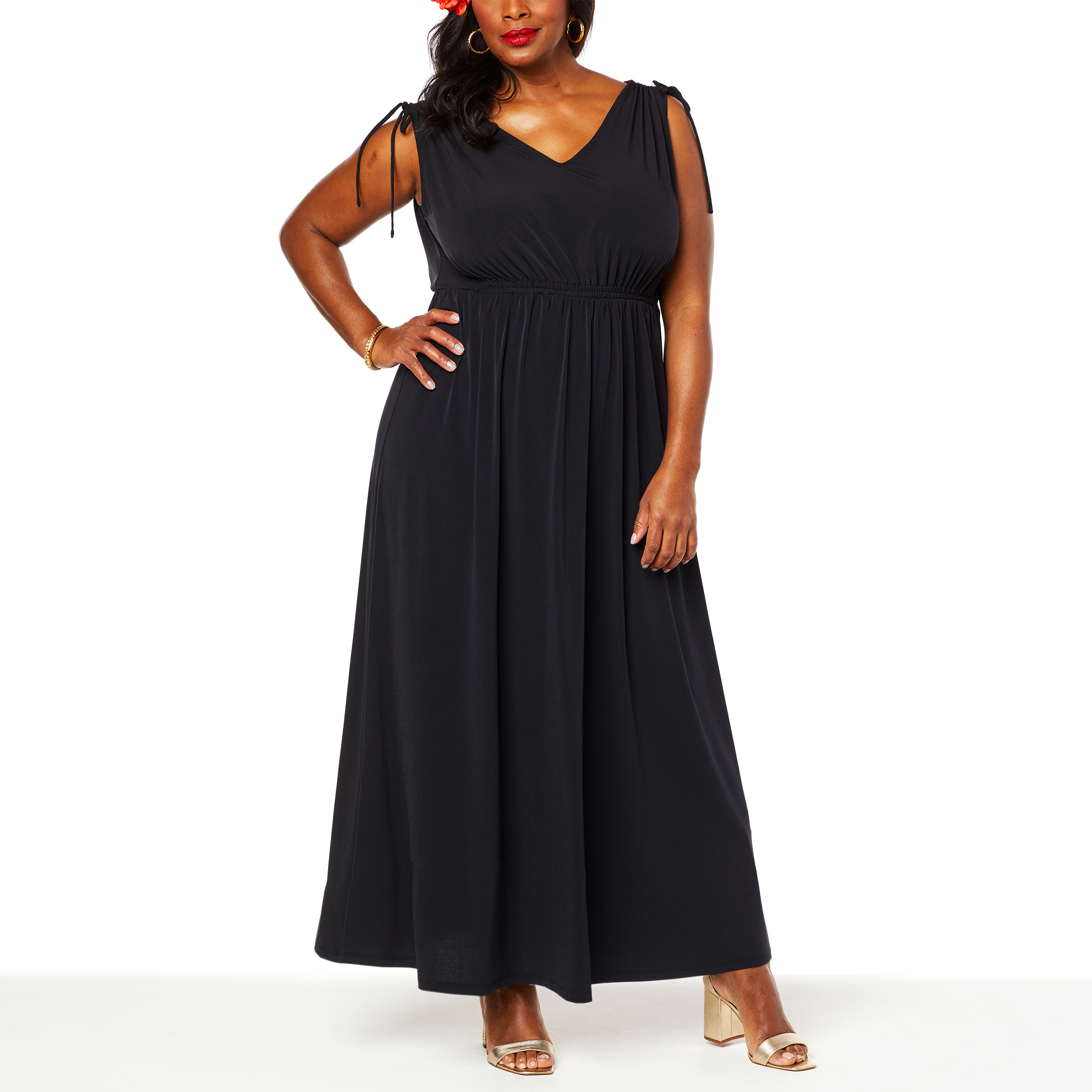 IMAN Global Chic Cinched Shoulder V-Neck Maxi Dress - 20375878 | HSN