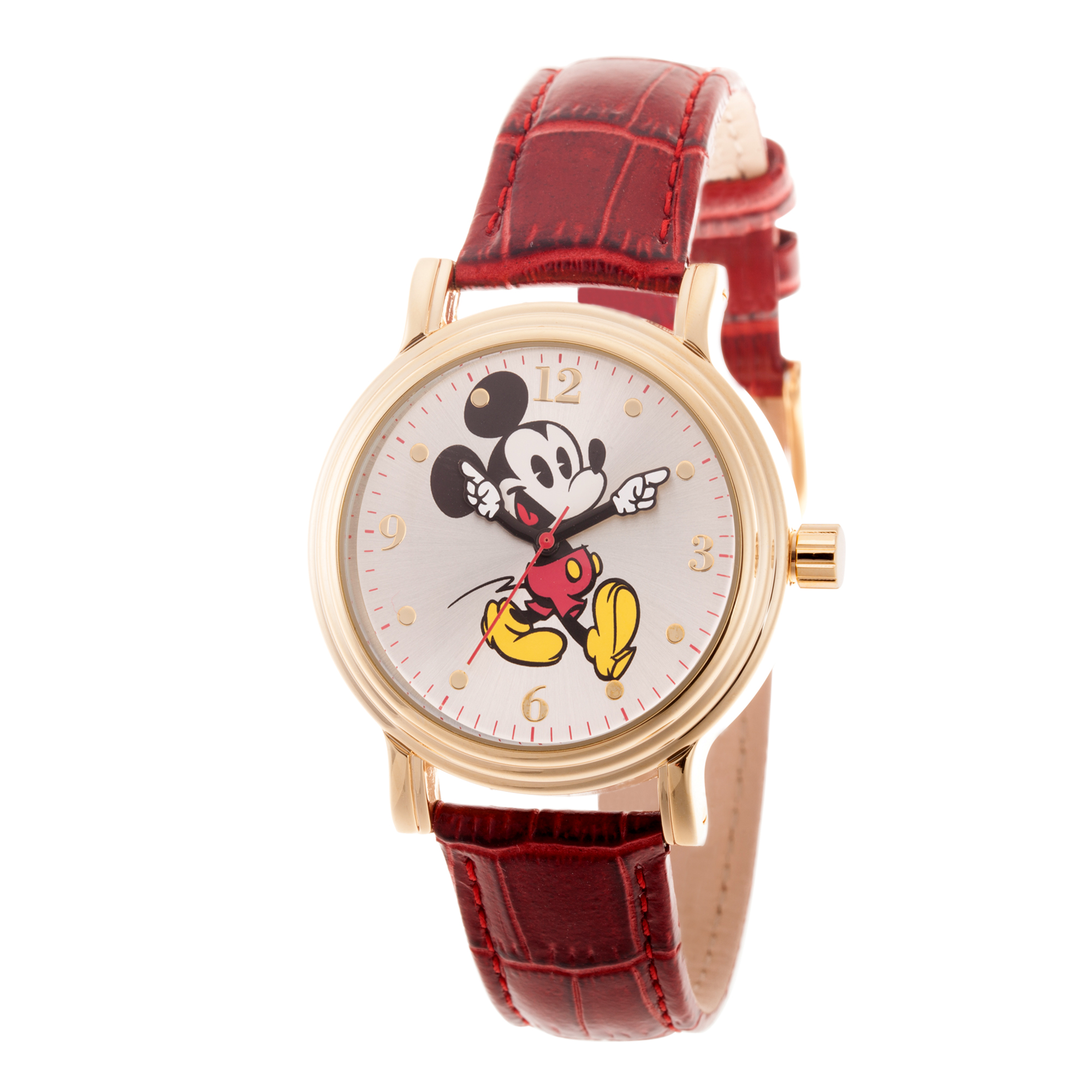 Disney Mickey Mouse Men's Gold Vintage Watch with Red Leather Strap ...