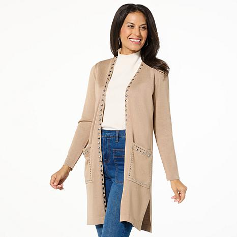 Nina Leonard Long Sleeve Studded Sweater Knit Cardigan
