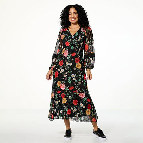 Antthony Printed Mesh Bishop-Sleeve Patio Dress