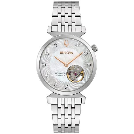 bulova women's diamond stainless steel automatic skeleton watch