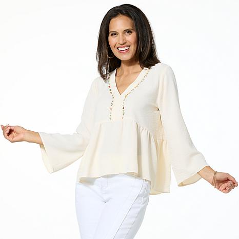 G by Giuliana Textured Woven Crepe Peplum Top with Beaded Trim G by Giuliana Textured Woven Crepe Peplum Top with Beaded Trim