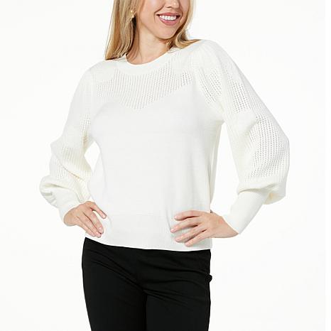 Jaclyn Smith Pointelle Yoke Floral Puff Sleeve Sweater - 21869596 | HSN