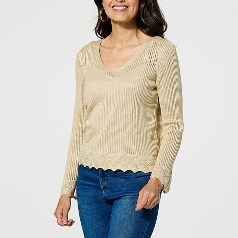 Jaclyn Smith V-Neck Pointelle Sweater with Camisole - 22496611 | HSN