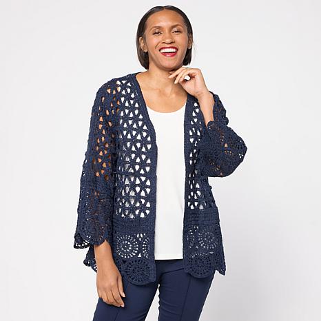 Nina Leonard Border Crochet Cardigan | HSN