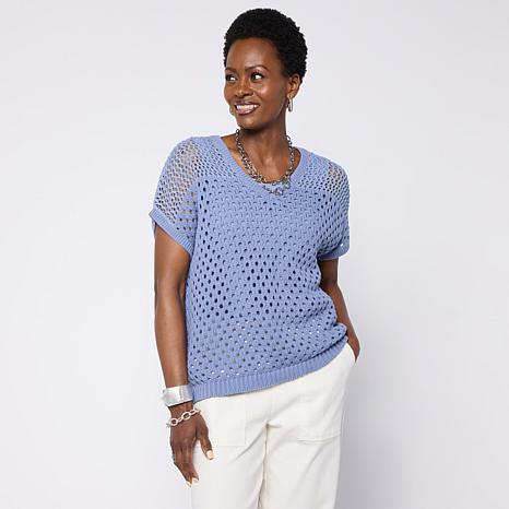 $49.95, Was $79.95, 37% Off! WynneLayers Cap-Sleeve Open-Stitch V-Neck Sweater dealfomo