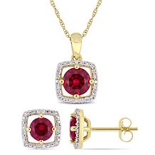 10K Gold Created Ruby & Diamond Pendant Necklace and Earrings