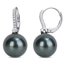 10K White Gold 11-12mm Cultured Tahitian Pearl Diamond Drop Earrings
