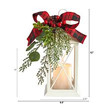 12" Holiday White Lantern With Berries, Pine and Plaid Bow