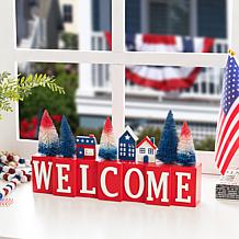 14" Patriotic WELCOME Table Decor with Village Scene