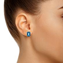 14K Gold 8x6mm Emerald-Cut London Blue Topaz and Diamond Stud Earrings