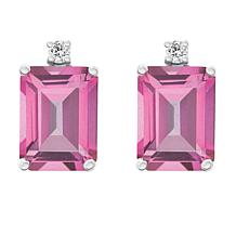 14K White Gold 8x6mm Emerald-Cut Pink Topaz and Diamond Earrings