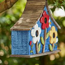15"L Oversized Washed Blue Distressed Solid Wood Three-Story Birdhouse