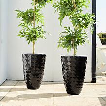19.75"H Set of 2 PE/Stone Faux Ceramic Diamond Textured Black Planter