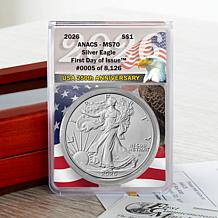 2026 MS70 ANACS FDOI LE Silver Eagle w/250 Year Label & Grading Cer...