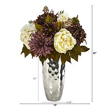 22 in. Peony, Hydrangea and Dahlia Artificial Arrangement in Silver...