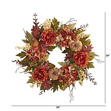 24 in. Peony, Hydrangea and Pumpkin Fall Artificial Wreath