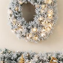 24" Pre-Lit Snow Flocked Greenery Pine Wreath with Lights