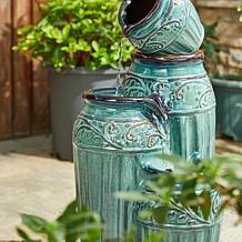 27.25"H 3-Tier Turquoise Pattern Ceramic Pots Fountain, Pump and Light