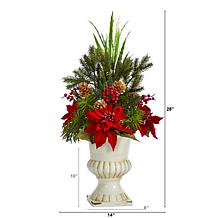 28 in. Poinsettia, Grass and Succulent Artificial Arrangement in Wh...