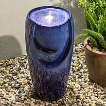 29.25"H Oversized Blue Outdoor Ceramic Pot Fountain w/Pump, LED Light
