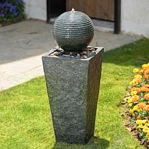 31.75"H Modern Geometric Pedestal & Sphere Polyresin Outdoor Fountain