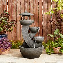 32"H 4-Tiered Pagoda Polyresin Outdoor Fountain w/ Pump and LED Light