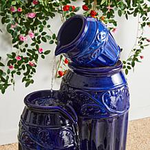 35.5"H 4-Tier Cobalt Blue Ceramic Pots Fountain with Pump and LED