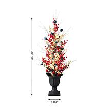 36"H Patriotic/Americana Berry & Stars Lighted Porch Tree in Urn
