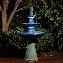 45.25"H Oversized Turquoise 3-Tier Ceramic Fountain w/Pump & LED Light
