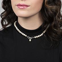 6-8mm Cultured Pearl and Created White Sapphire Bow Necklace