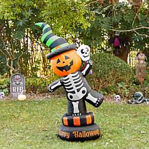 6ft Lighted Halloween Jack-O-Lantern Skeleton Rotating Inflatable D...
