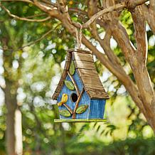 9.5"H Washed Blue Distressed Solid Wood Birdhouse w/Natural Wood Slat