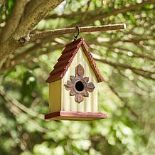9"H Washed White Solid Wood Red Roof Cottage Outdoor Garden Birdhouse