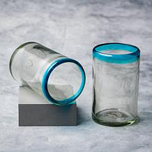 Aqua Rim Handblown Mexican Hiball Glass - Set of 6