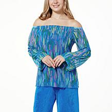 "As Is" Antthony Off-the-Shoulder Printed Tulle Mesh Knit Top