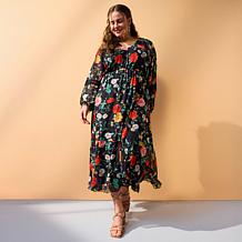 "As Is" Antthony Printed Mesh Bishop-Sleeve Patio Dress