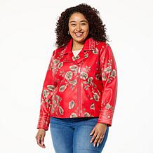 "As Is" Colleen Lopez Embroidered Faux Leather and Print Moto Jacket