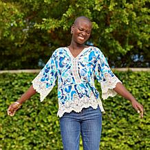 "As Is" Democracy Embroidered Crochet Trim Peplum Top