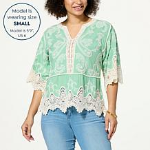 "As Is" Democracy Embroidered Crochet Trim Peplum Top