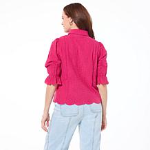 "As Is" Democracy Woven Crochet Trim Button-Down Top
