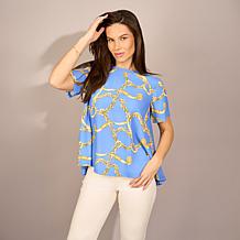 "As Is" DG2 by Diane Gilman Crepe De Chine Flared Sleeve Printed Top