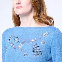 "As Is" DG2 by Diane Gilman Embellished Boat-Neck Long-Sleeve Top