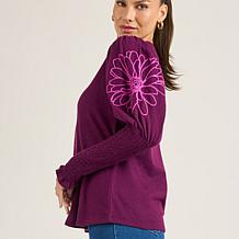 "As Is" DG2 by Diane Gilman Embroidered Juliette-Sleeve Sweater