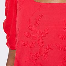 "As Is" DG2 by Diane Gilman Embroidered Puff-Sleeve Square-Neck Top