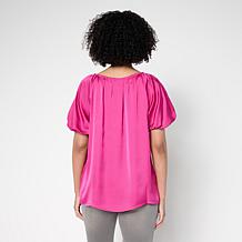 "As Is" DG2 by Diane Gilman Hammered Satin Bubble Sleeve Top