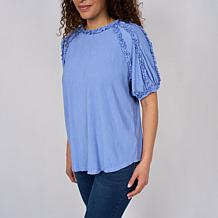 "As Is" DG2 by Diane Gilman Knit Plisse Short Sleeve Ruffle Top