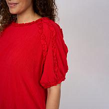"As Is" DG2 by Diane Gilman Knit Plisse Short Sleeve Ruffle Top